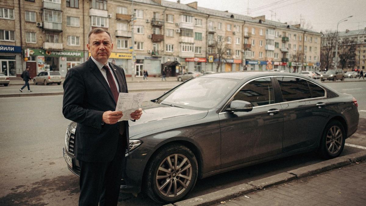 Professional chauffeur in a dark suit standing beside a sedan at a city pickup point