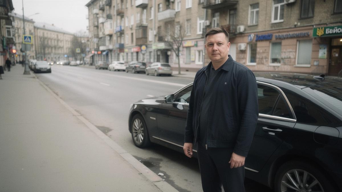 Chauffeur standing beside a clean sedan at a city pickup point in Ukraine